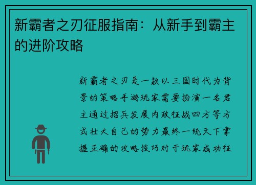 新霸者之刃征服指南：从新手到霸主的进阶攻略